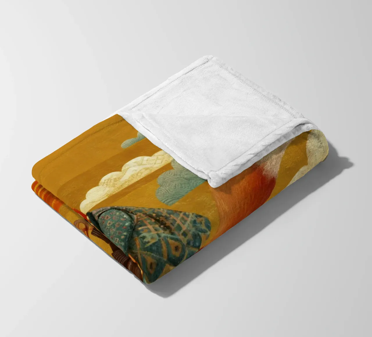 Whimsical Fox on Bike with Patterned Clouds and Orange Sky fleece blanket by Modern Muse