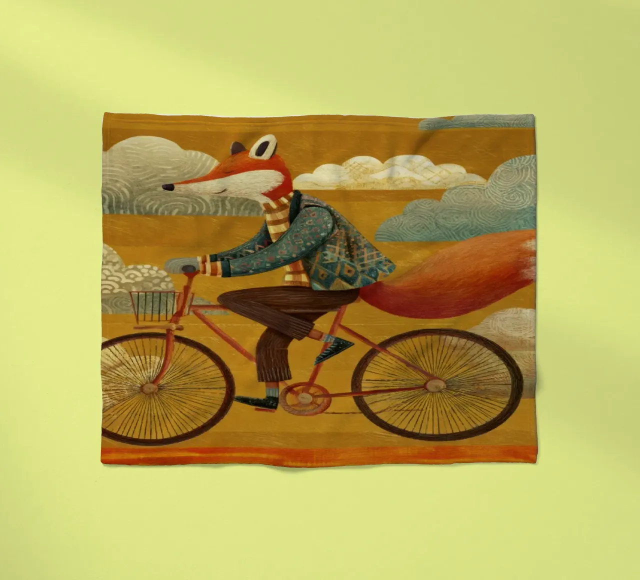 Whimsical Fox on Bike with Patterned Clouds and Orange Sky fleece blanket by Modern Muse