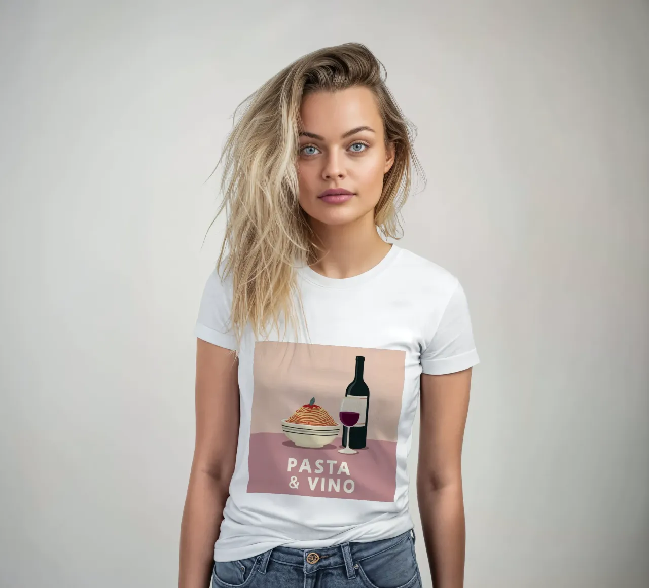 Pasta & Vino Bold Retro Typography with Spaghetti and Wine women's fitted t-shirt by Modern Muse