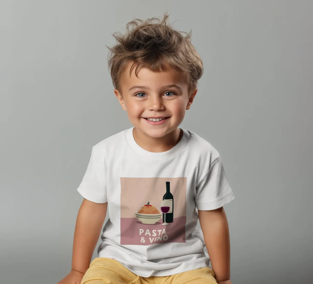 Pasta & Vino Bold Retro Typography with Spaghetti and Wine kids t-shirt by Modern Muse