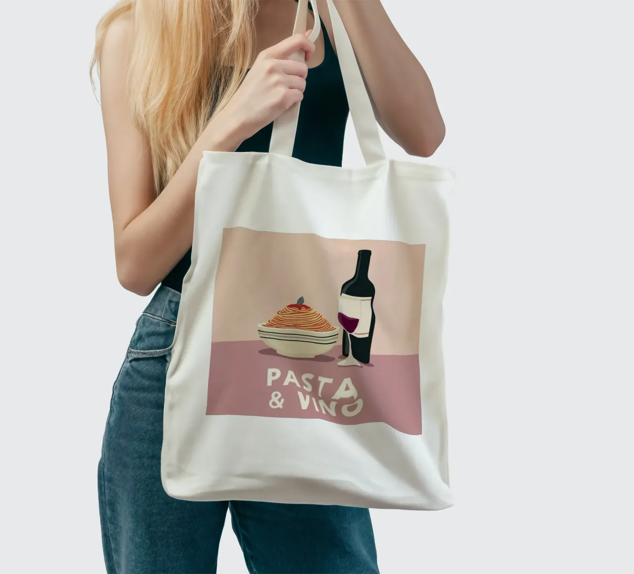 Pasta & Vino Bold Retro Typography with Spaghetti and Wine tote bag by Modern Muse