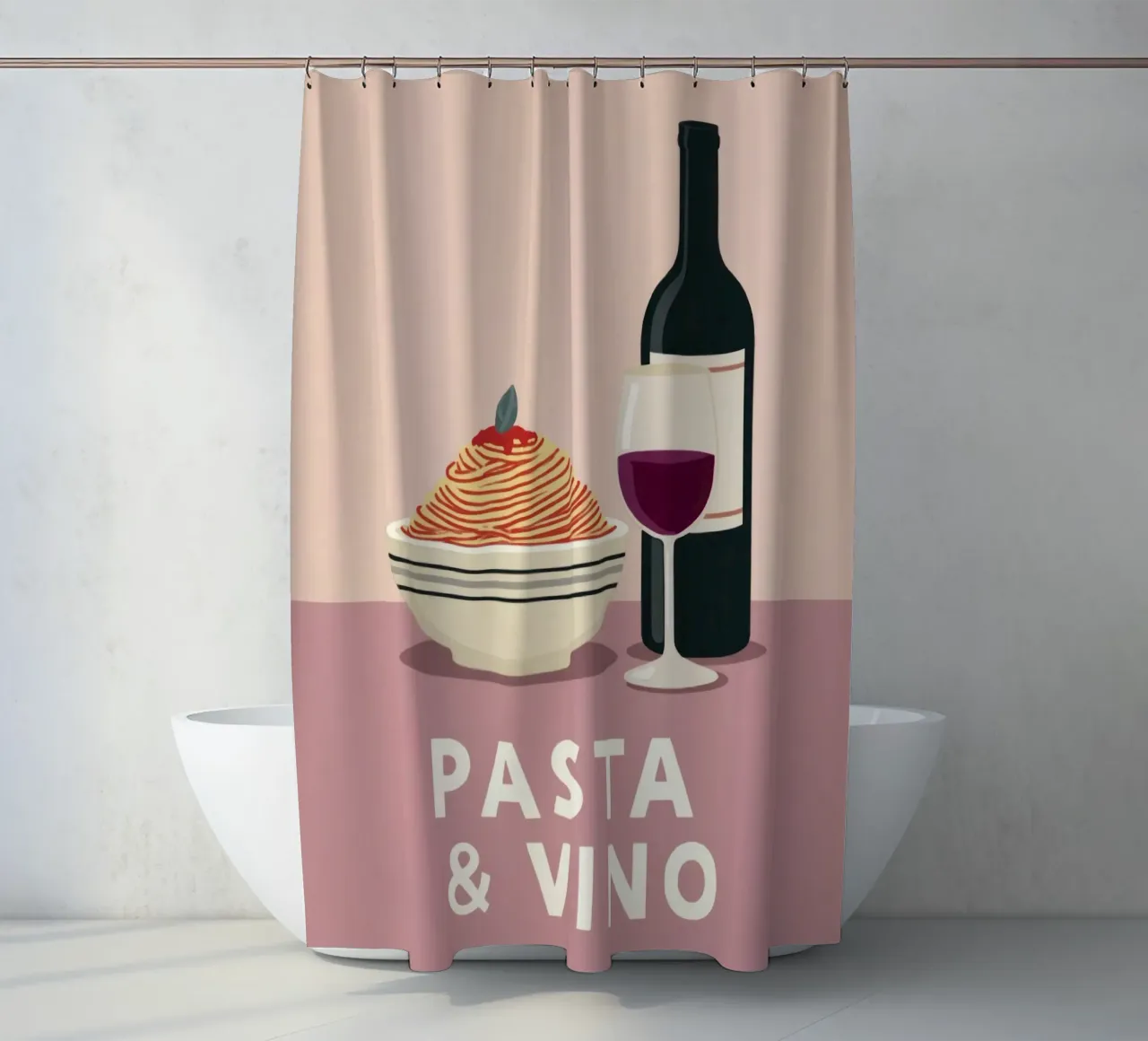 Pasta & Vino Bold Retro Typography with Spaghetti and Wine shower curtain by Modern Muse