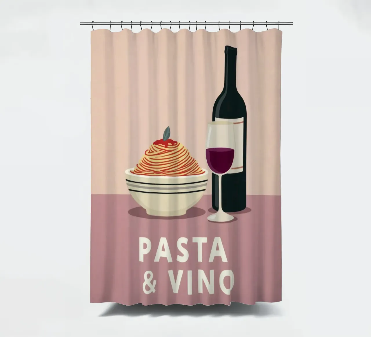Pasta & Vino Bold Retro Typography with Spaghetti and Wine shower curtain by Modern Muse