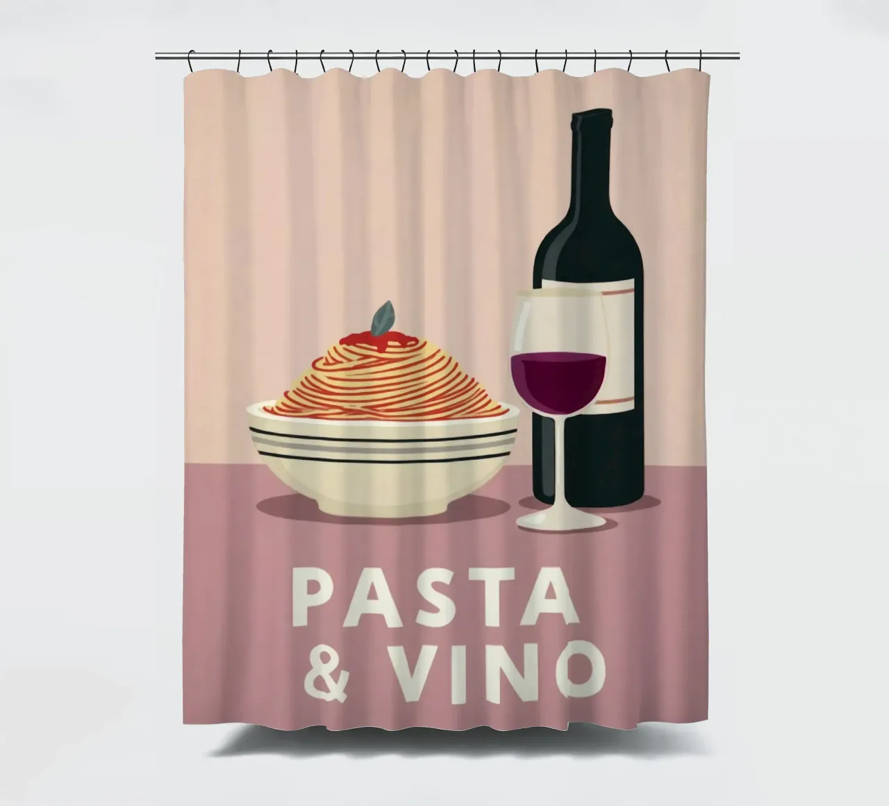 Pasta & Vino Bold Retro Typography with Spaghetti and Wine shower curtain by Modern Muse