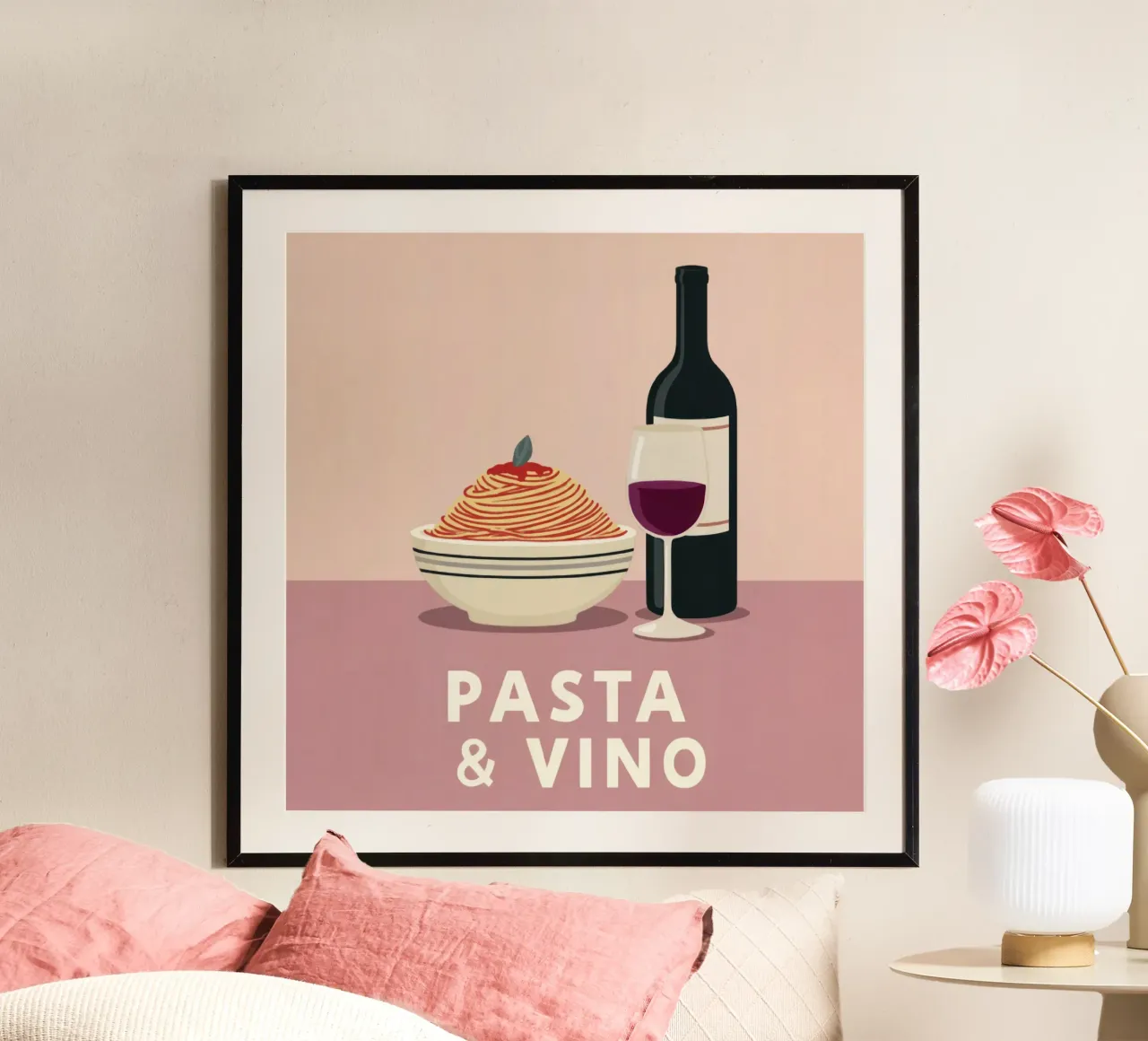Pasta & Vino Tipografia retrò in grassetto con spaghetti e vino poster da Modern Muse