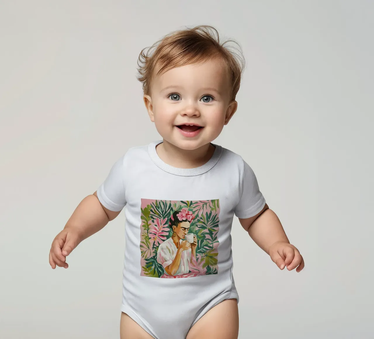 Donna iconica con rose, tè e fogliame verde in tonalità tenui body neonato maniche corte da Modern Muse