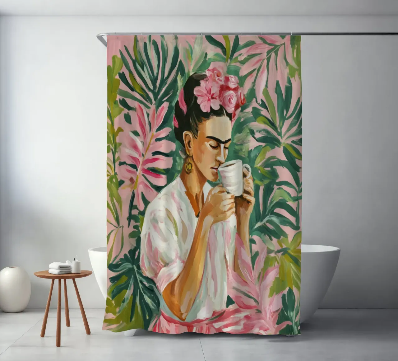 Femme iconique avec des roses, du thé et du feuillage vert dans des tons doux rideau de douche de Modern Muse