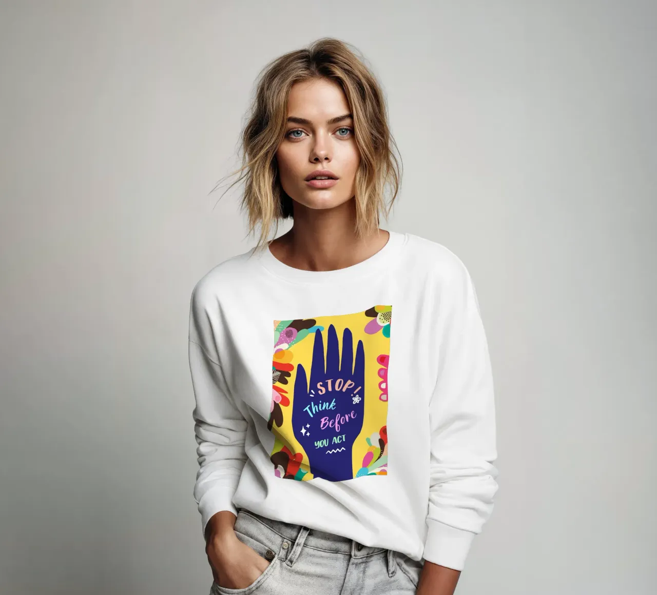 Message Art | Stop Think Before You Act Print sweatshirt by NorwesClub