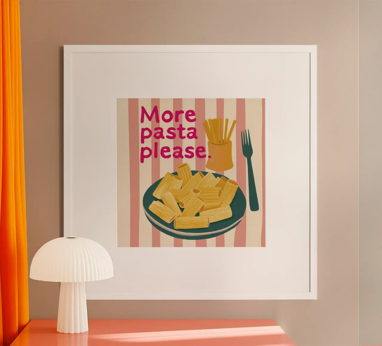 More Pasta Please Tipografia rosa su strisce beige sfumate poster con telaio in plastica da Modern Muse
