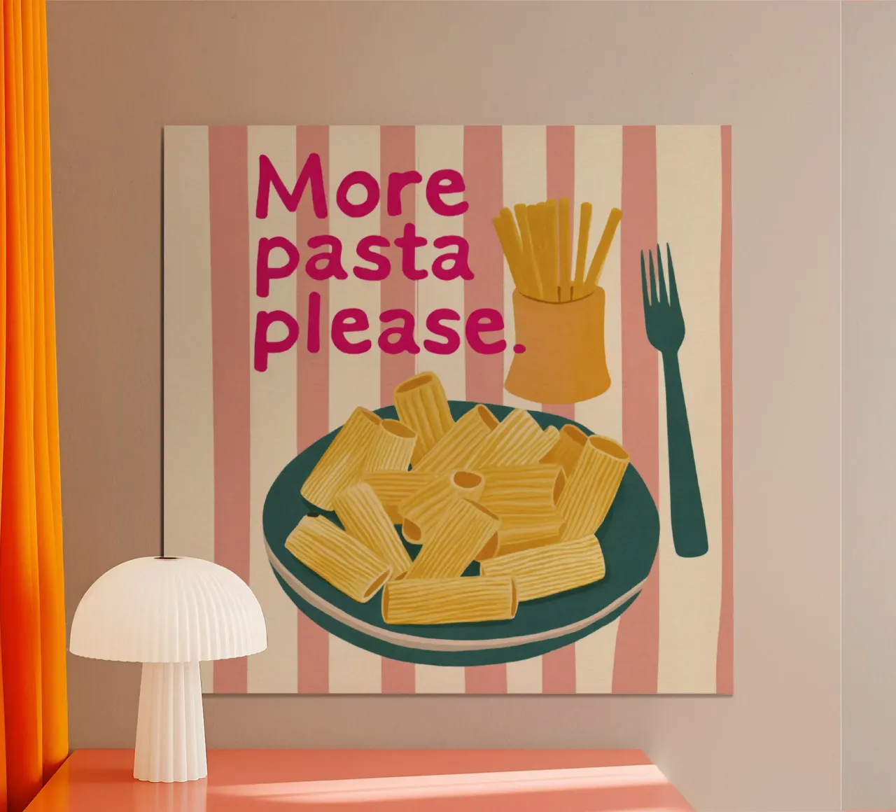 More Pasta Please Tipografia rosa su strisce beige sfumate poster con telaio in plastica da Modern Muse