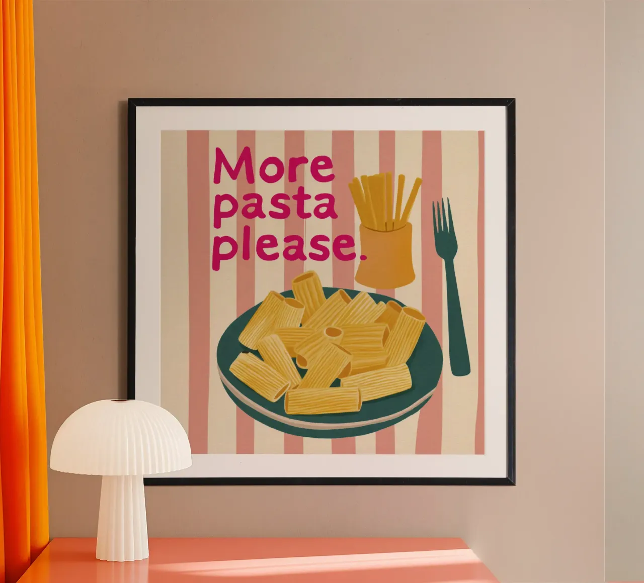 More Pasta Please Tipografia rosa su strisce beige sfumate poster con telaio in plastica da Modern Muse