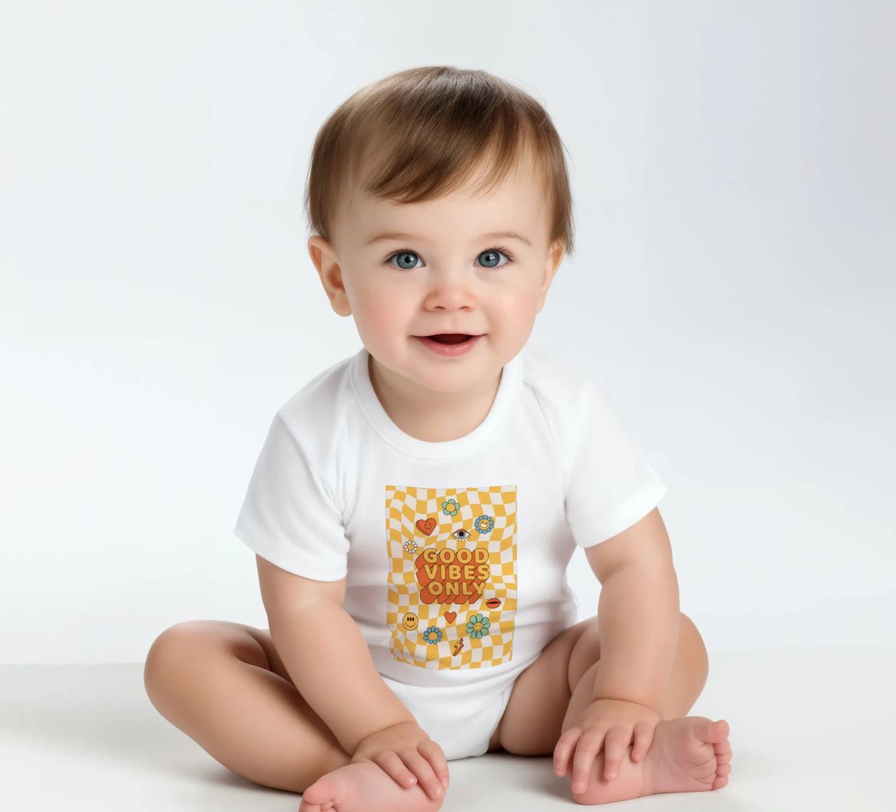Positive Vibes Art | Groovy Good Vibes Only Print short-sleeve baby romper by NorwesClub