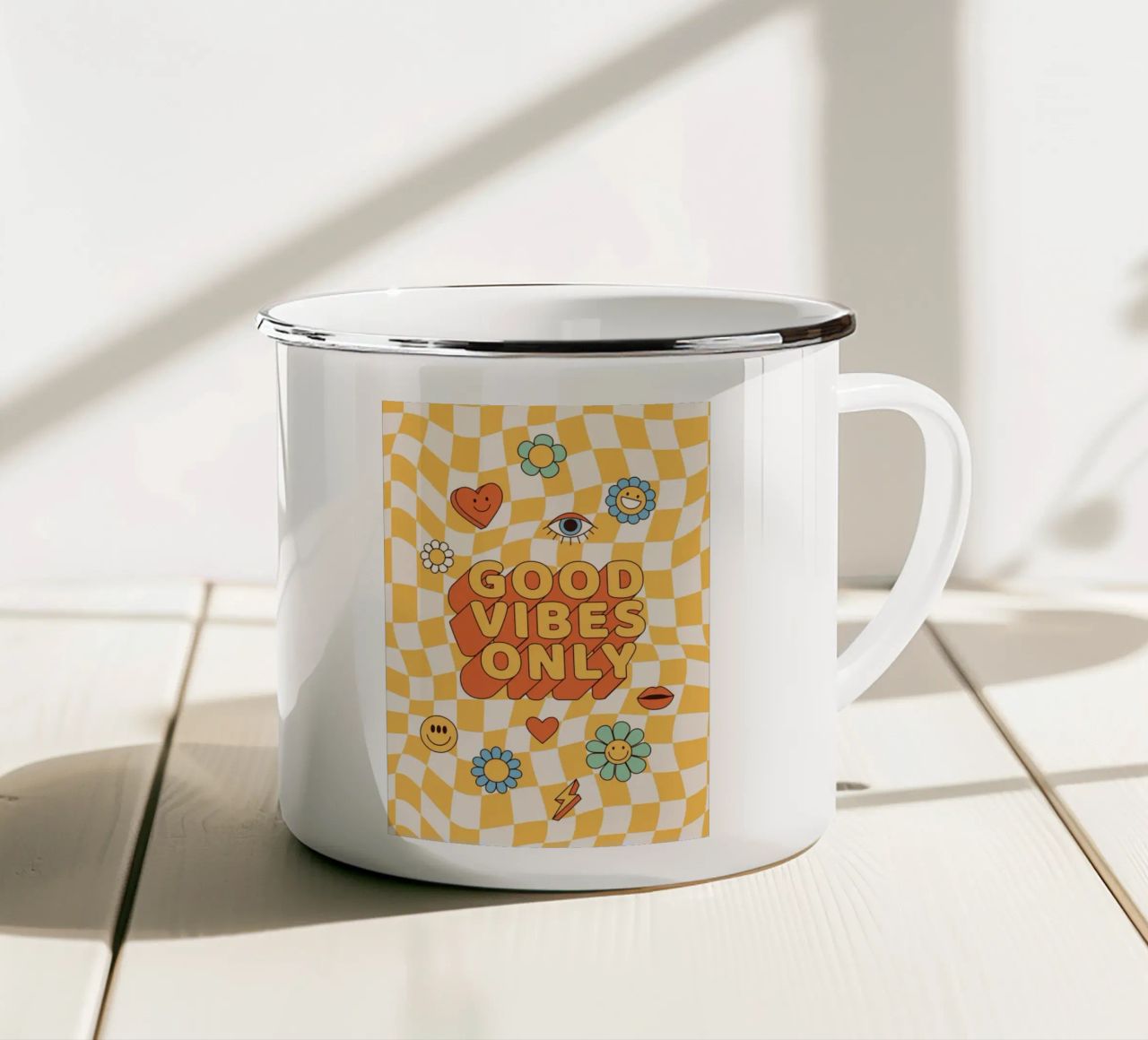 Positive Vibes Art | Groovy Good Vibes Only Print enamel mug by NorwesClub