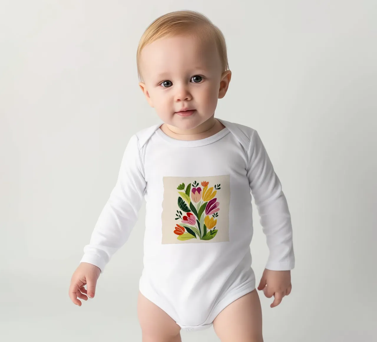 Bouquet di fiori stravaganti in stile naif ispirato a Matisse body neonato maniche lunghe da Modern Muse