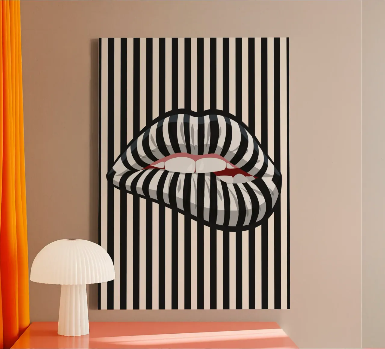 Gestreepte lippen Kunst | Op Kunst Geïnspireerde Print canvas met Baklijst van NorwesClub