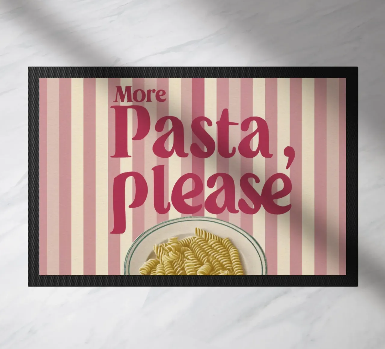 Più pasta per favore in tipografia stile anni '50 su strisce rosa zerbino da Modern Muse