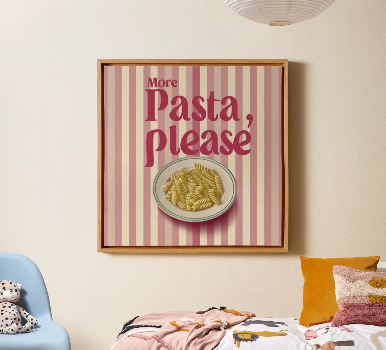 More Pasta Please in 50s Style Typography on Pink Stripes canvas by Modern Muse