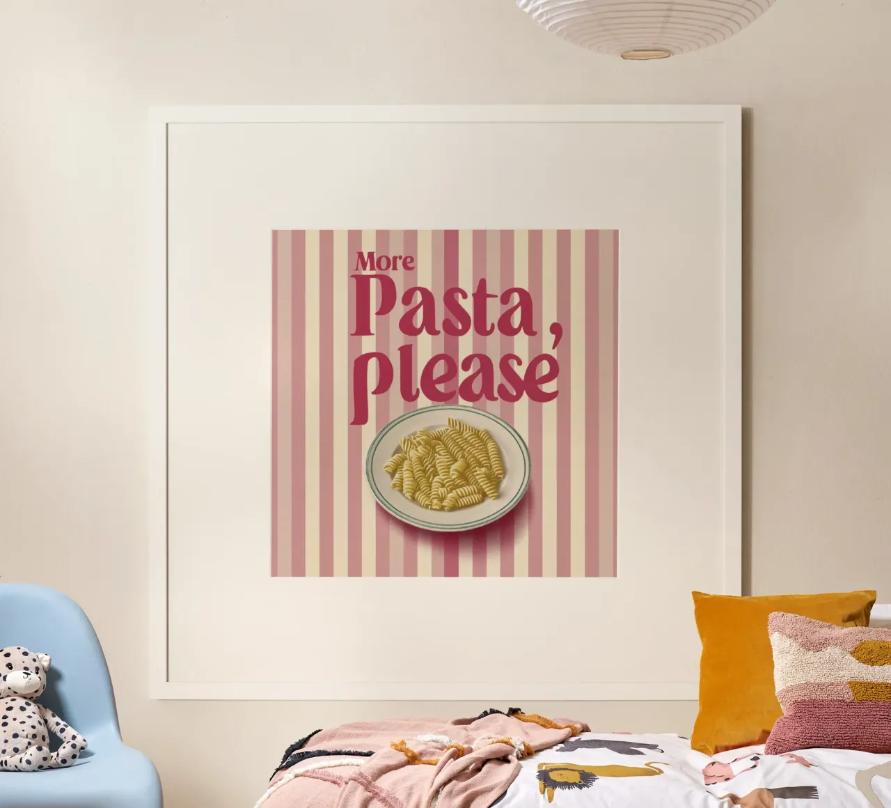 Più pasta per favore in tipografia stile anni '50 su strisce rosa poster con telaio in plastica da Modern Muse