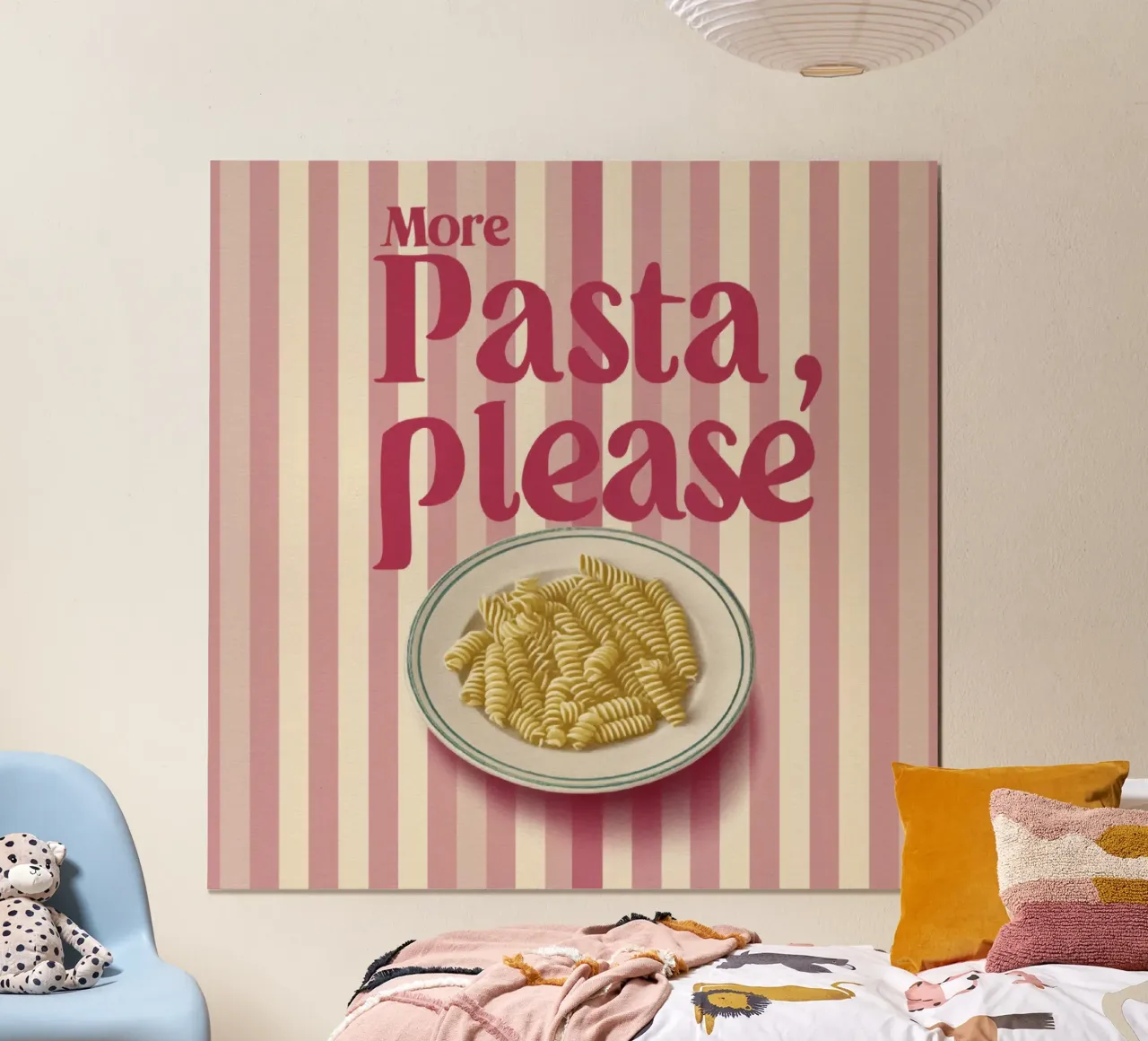Più pasta per favore in tipografia stile anni '50 su strisce rosa poster con telaio in plastica da Modern Muse