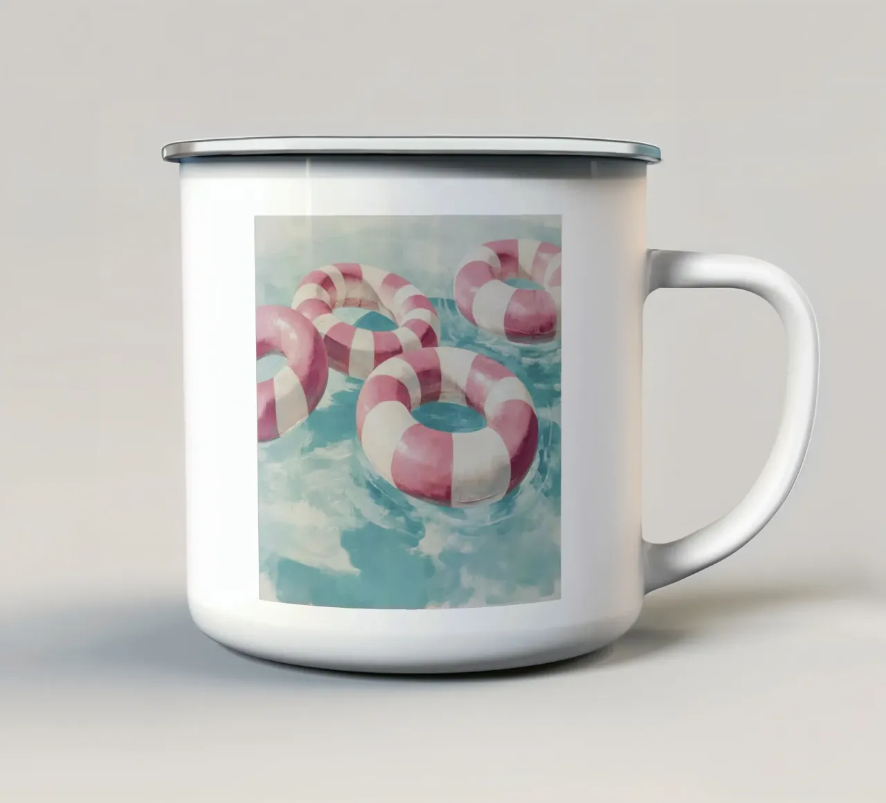 Galleggianti per piscina a strisce rosa in una sognante fuga acquerellata tazza in smalto da Modern Muse