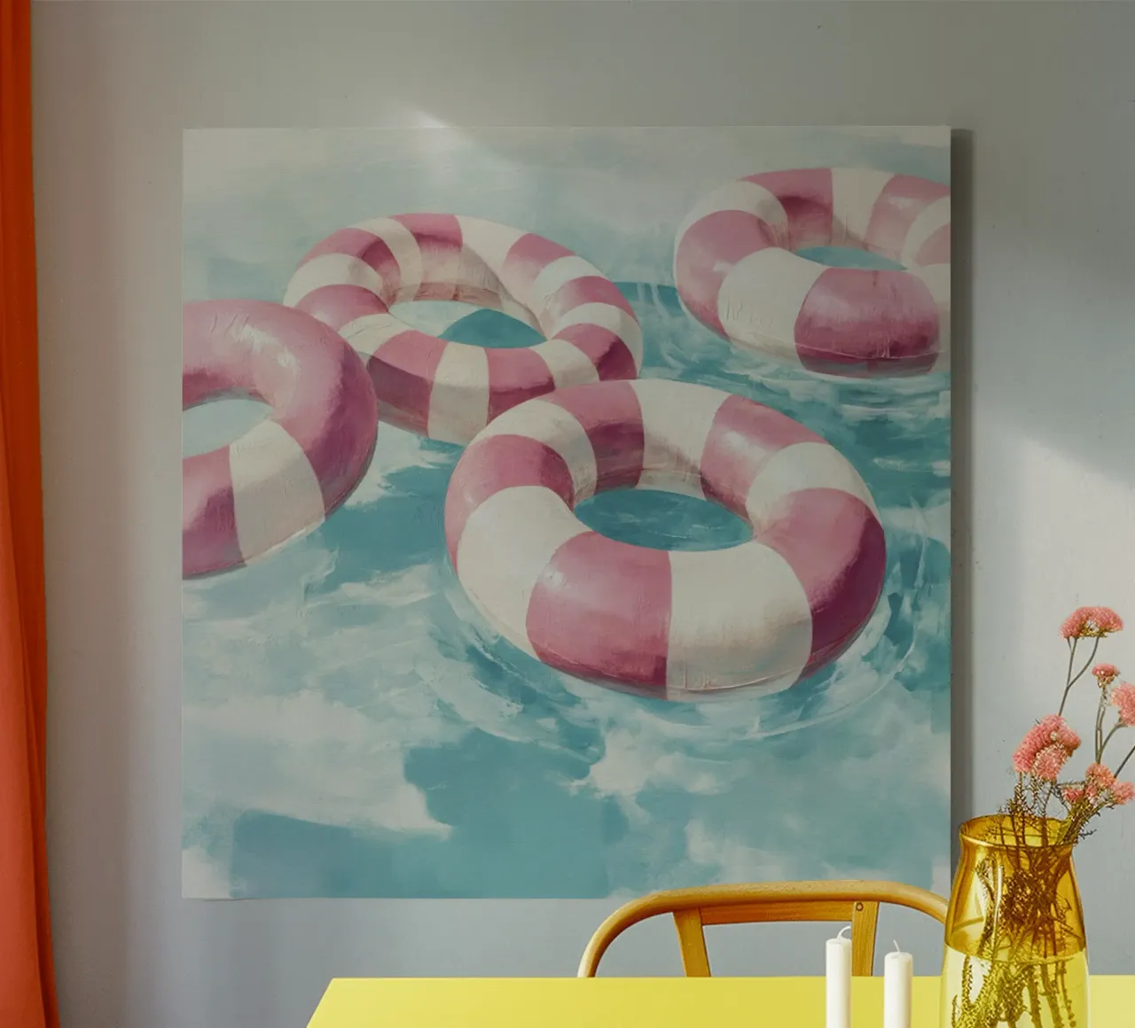 Galleggianti per piscina a strisce rosa in una sognante fuga acquerellata tela con Cornice a cassetta da Modern Muse
