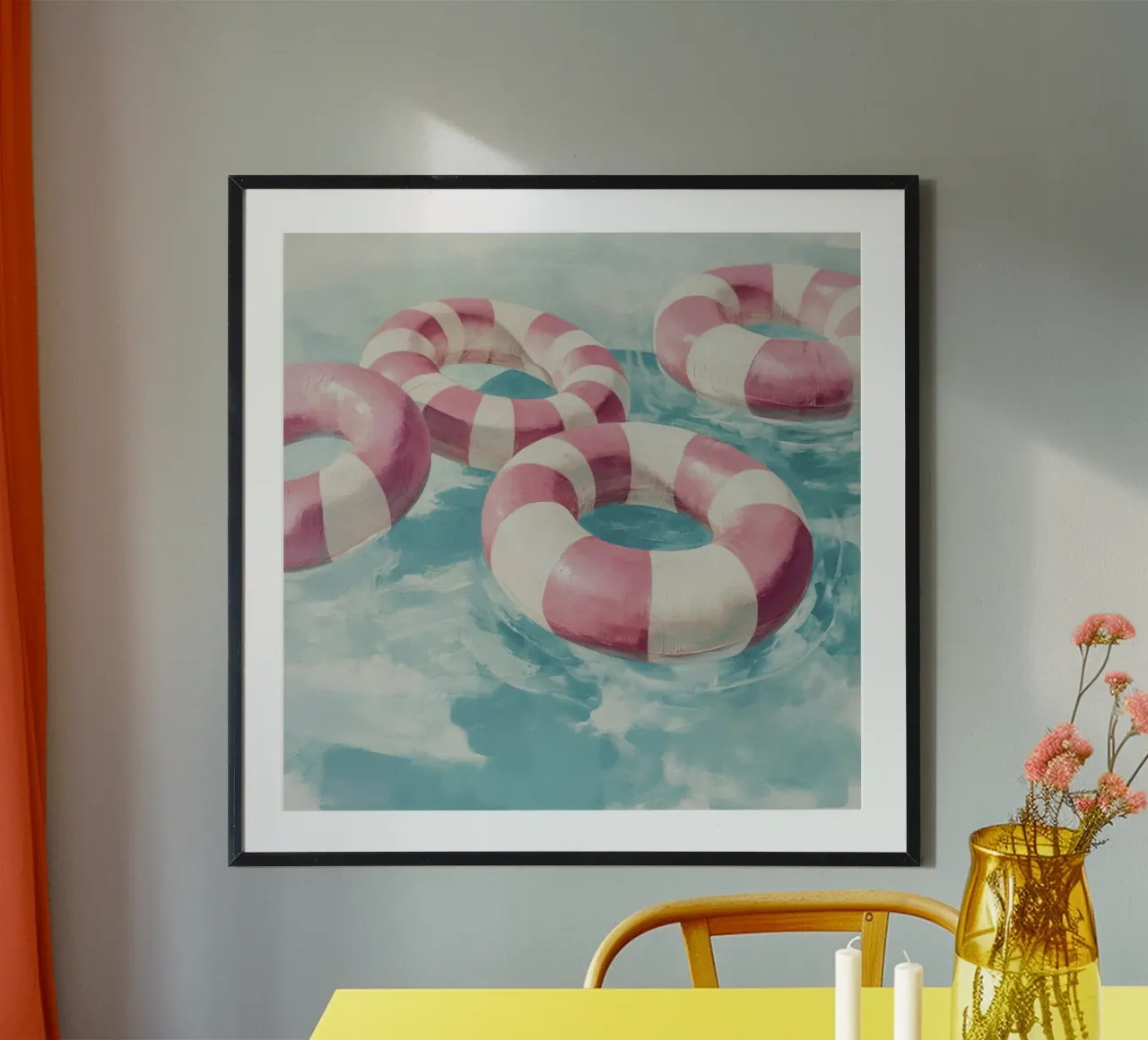 Galleggianti per piscina a strisce rosa in una sognante fuga acquerellata poster con telaio in alluminio da Modern Muse