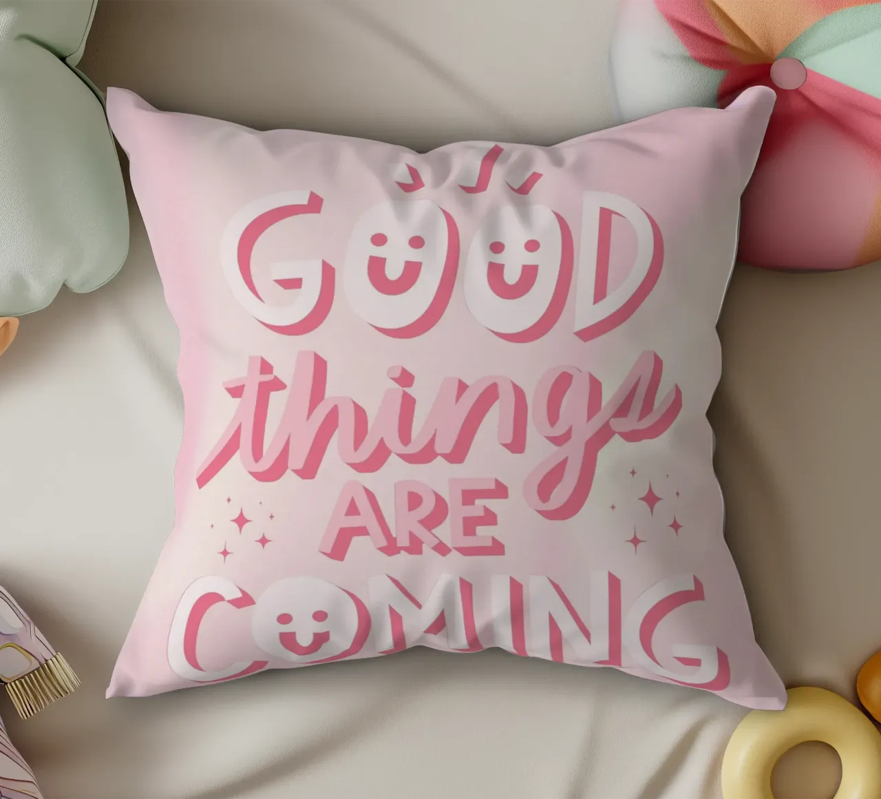 Positive Quote Art | Good Things Are Coming Print decorative cushion by NorwesClub