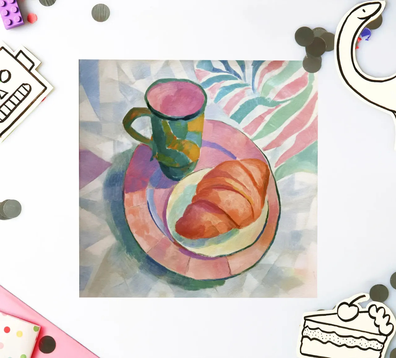 Abstract Croissant and Cup in Matisse-Inspired Watercolor sticker by Modern Muse