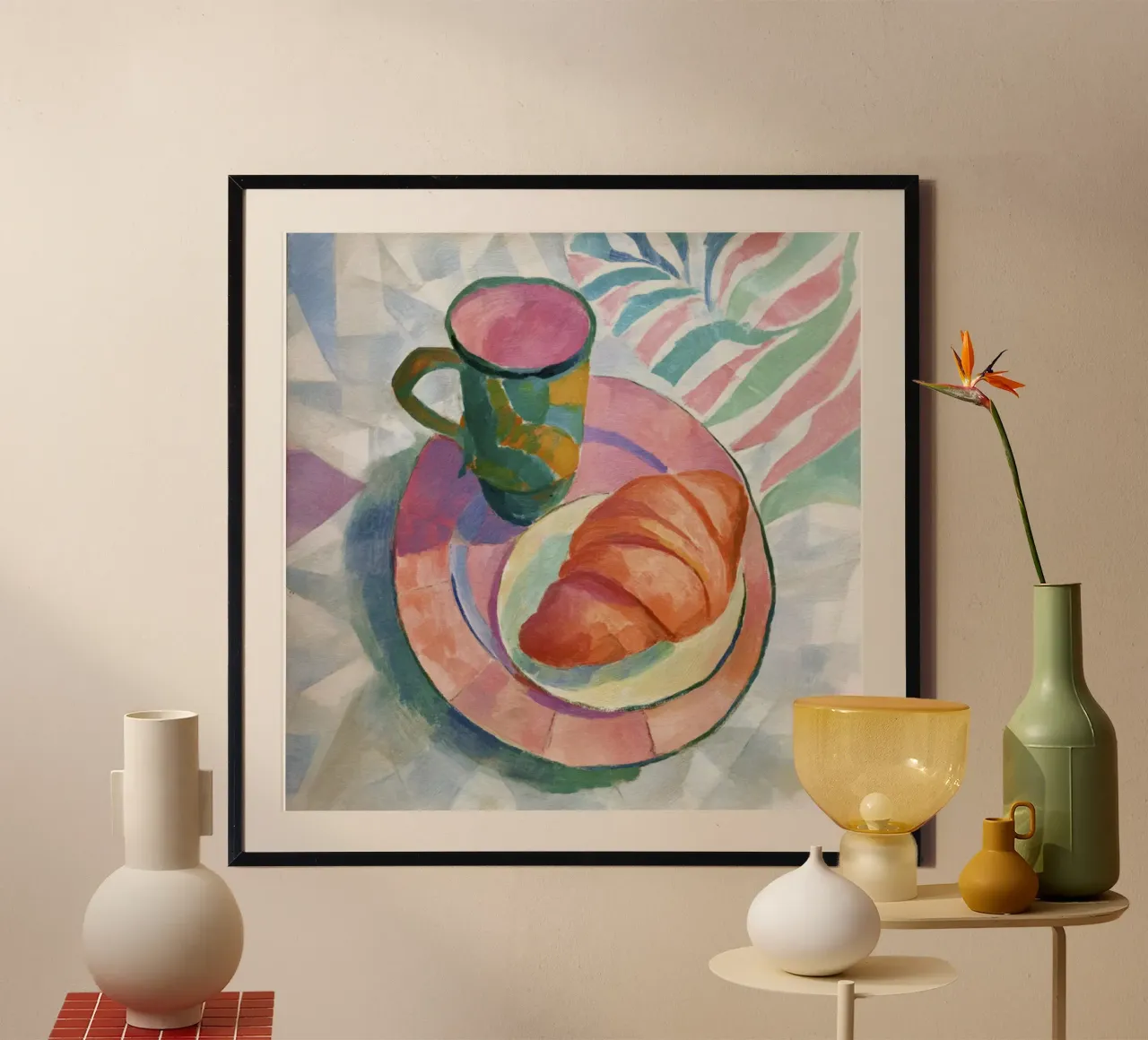 Croissant astratto e tazza in acquerello ispirato a Matisse carta hahnemühle da Modern Muse