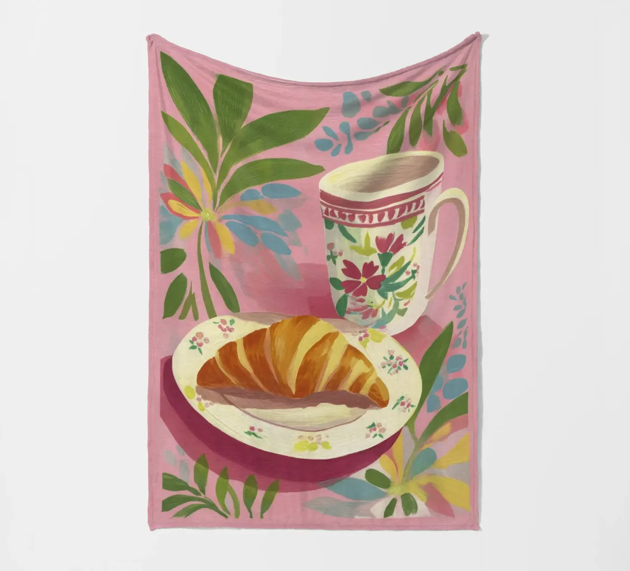 Croissant astratto e coppa floreale stile Matisse su rosa coperta in pile da Modern Muse