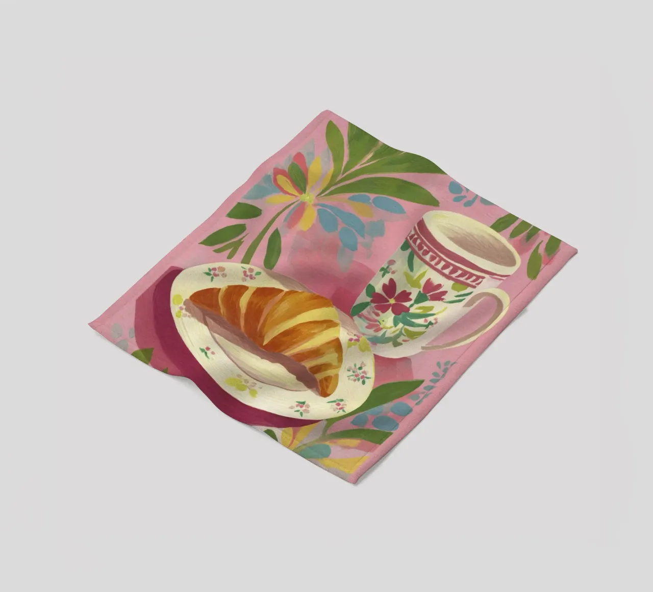 Croissant astratto e coppa floreale stile Matisse su rosa coperta in pile da Modern Muse