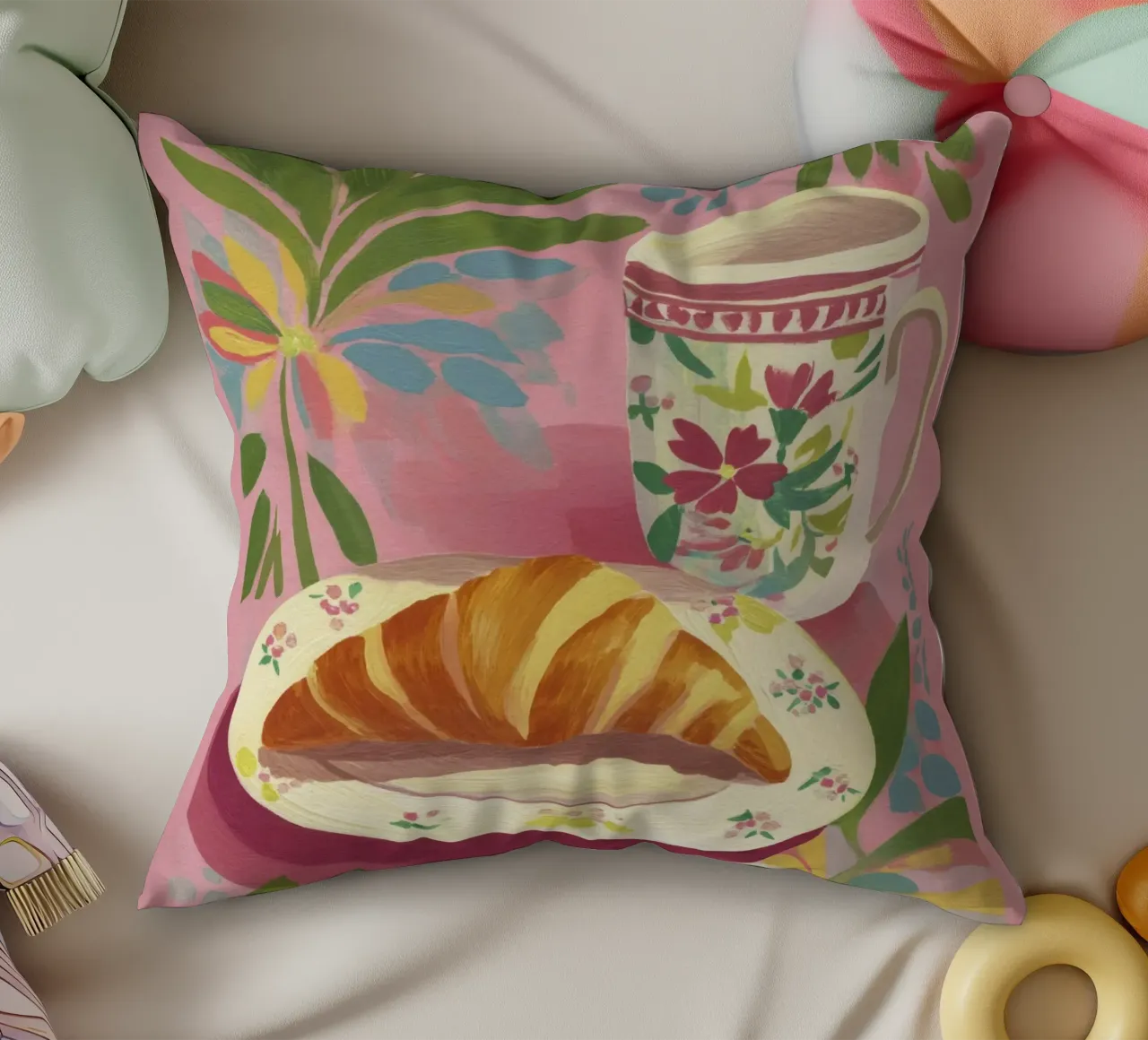 Abstract Croissant and Floral Cup Matisse Style on Pink decorative cushion by Modern Muse