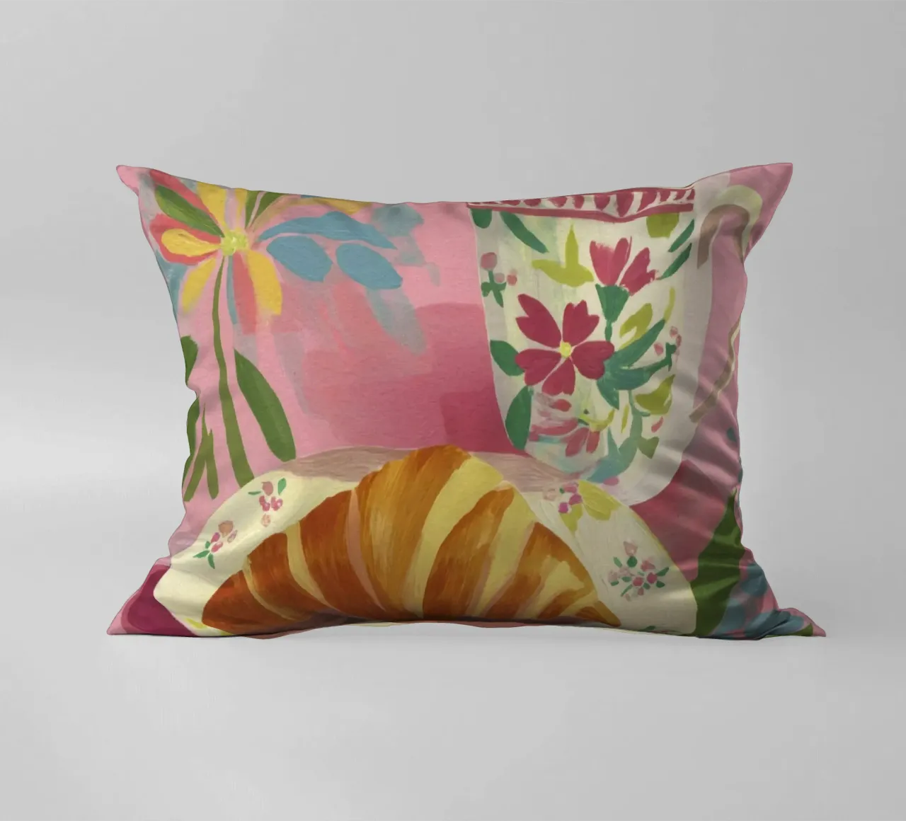 Abstract Croissant and Floral Cup Matisse Style on Pink decorative cushion by Modern Muse