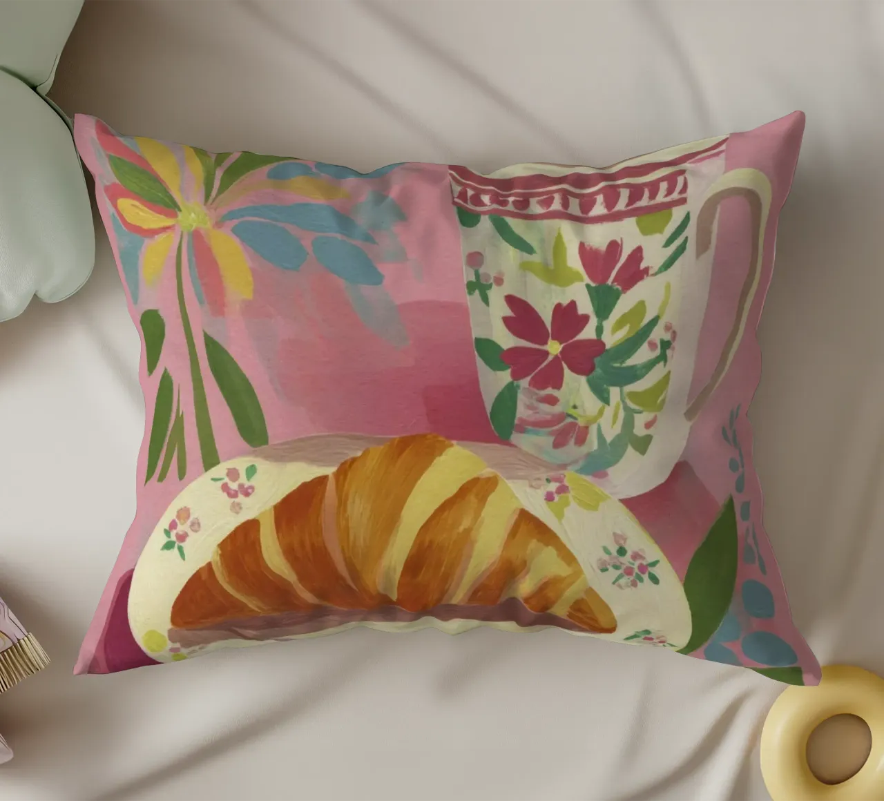 Abstract Croissant and Floral Cup Matisse Style on Pink decorative cushion by Modern Muse