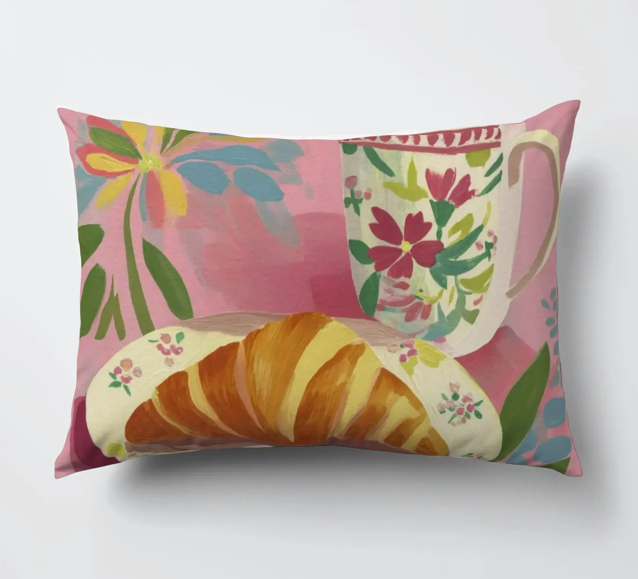 Abstract Croissant and Floral Cup Matisse Style on Pink decorative cushion by Modern Muse