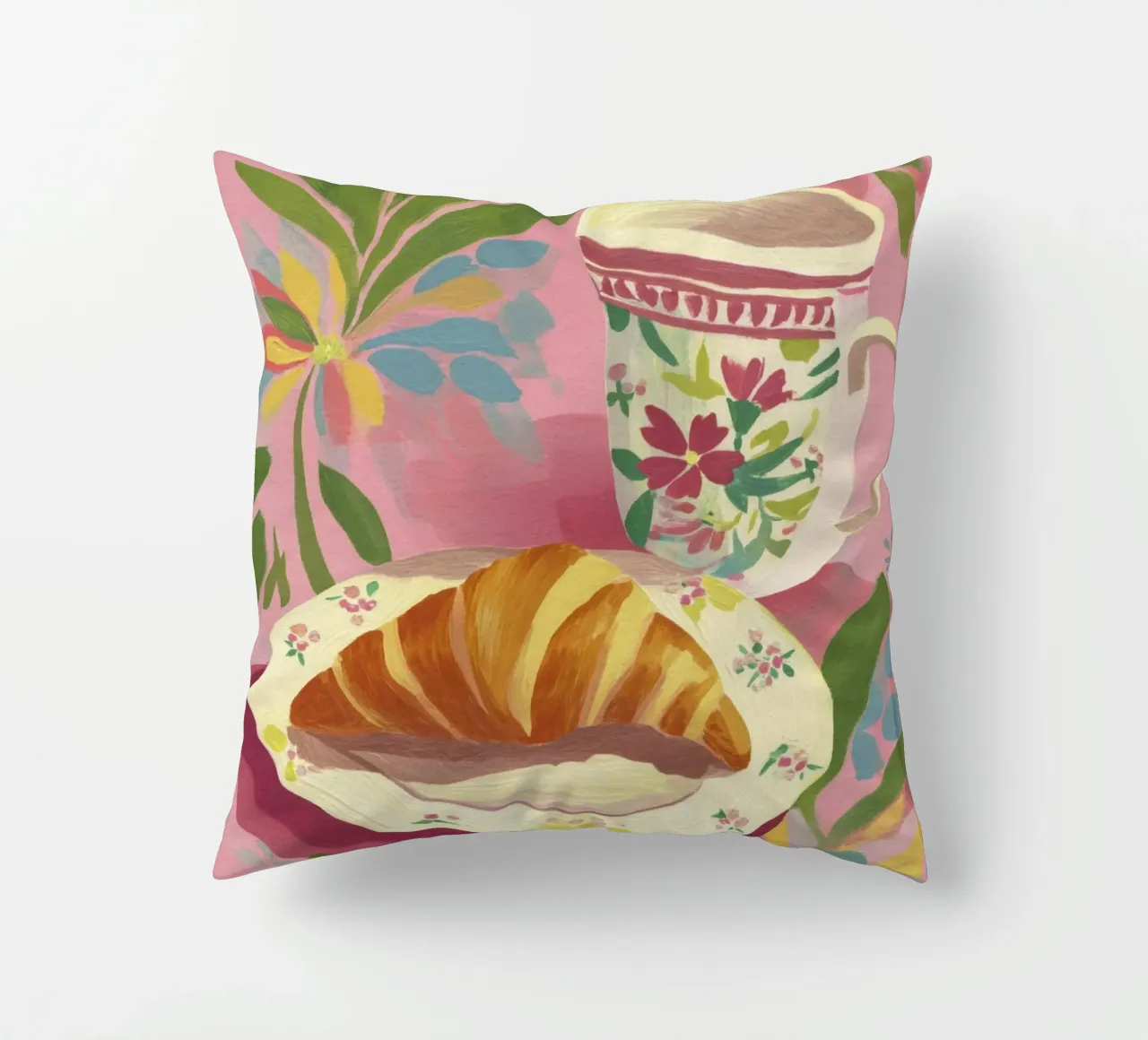 Abstract Croissant and Floral Cup Matisse Style on Pink decorative cushion by Modern Muse