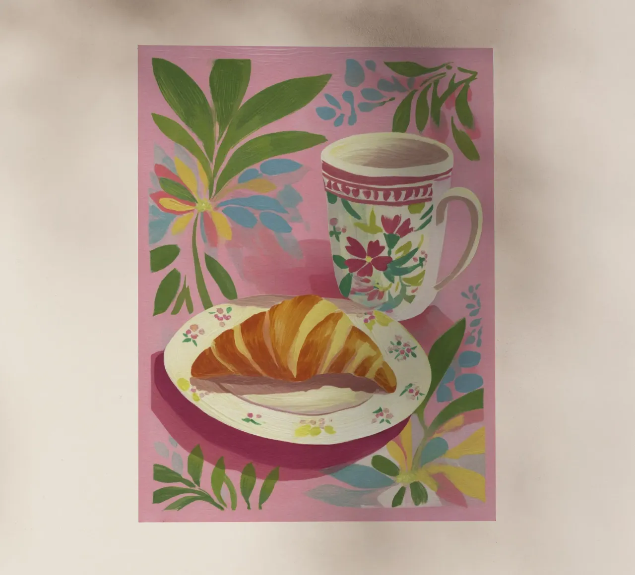 Croissant astratto e coppa floreale stile Matisse su rosa pellicola backlit da Modern Muse