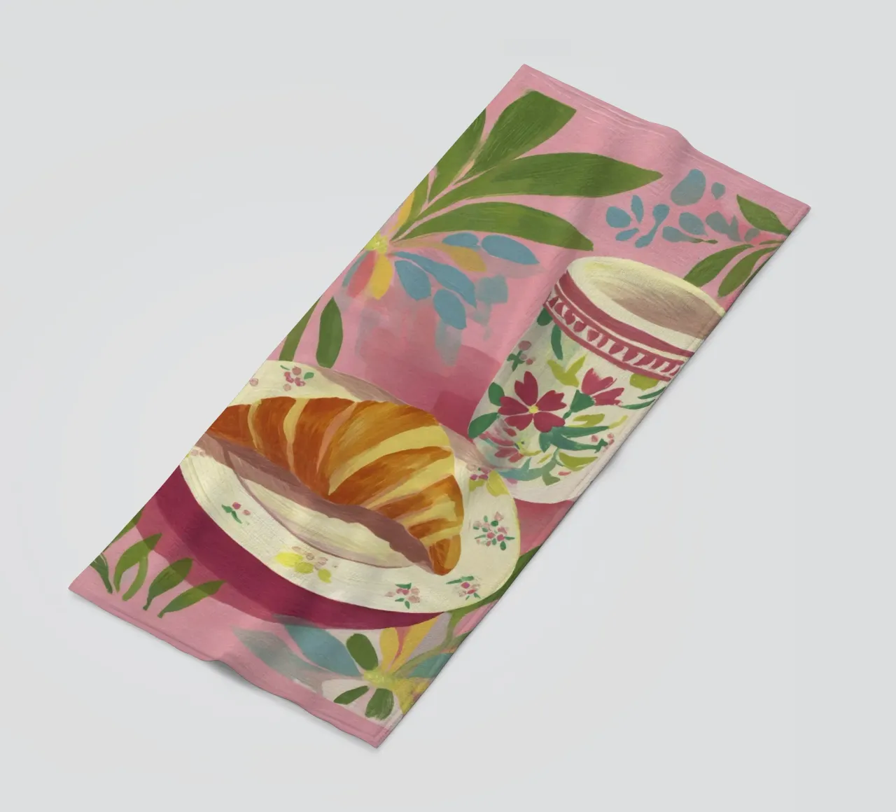 Croissant astratto e coppa floreale stile Matisse su rosa telo mare da Modern Muse