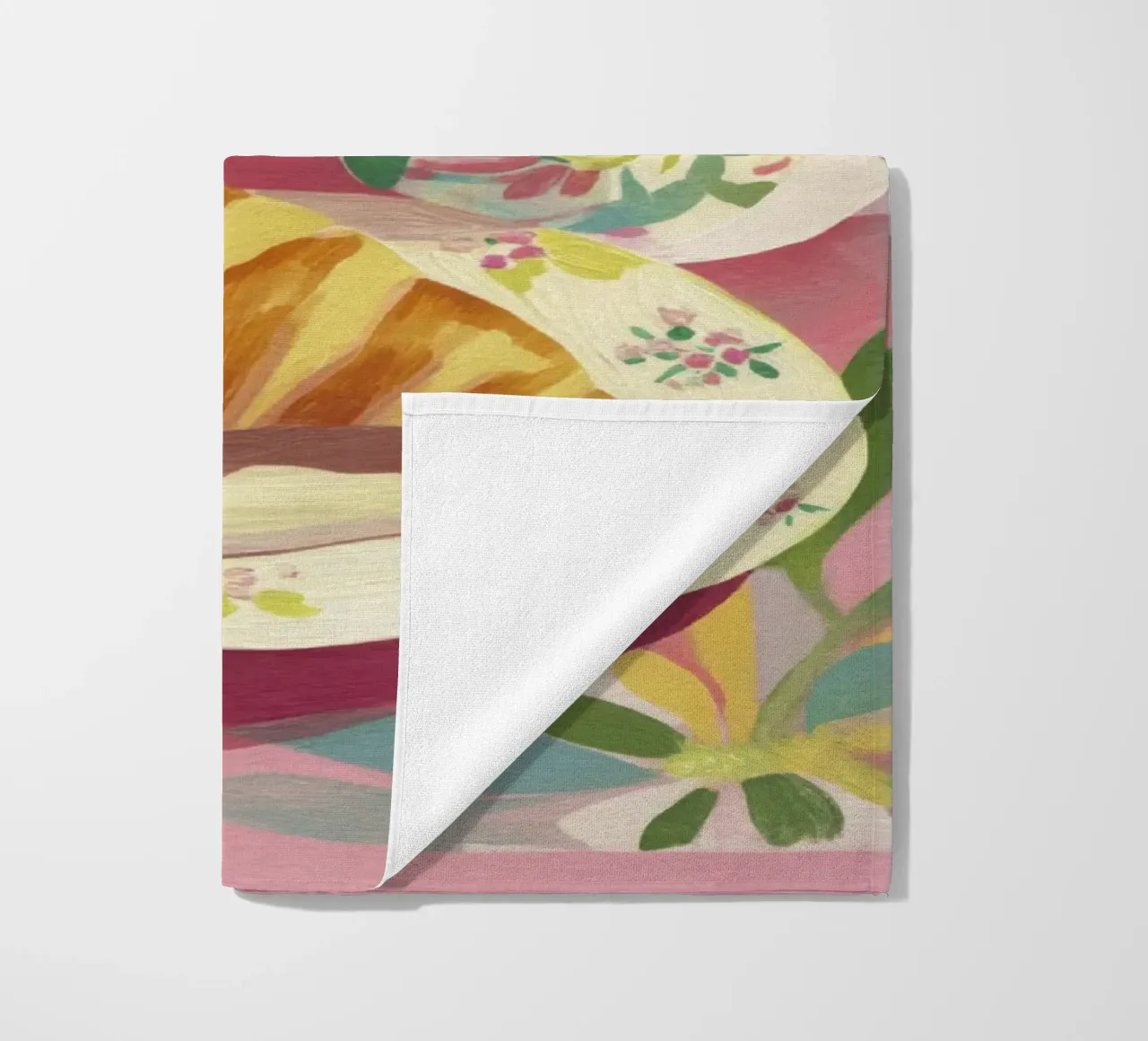 Croissant astratto e coppa floreale stile Matisse su rosa telo mare da Modern Muse
