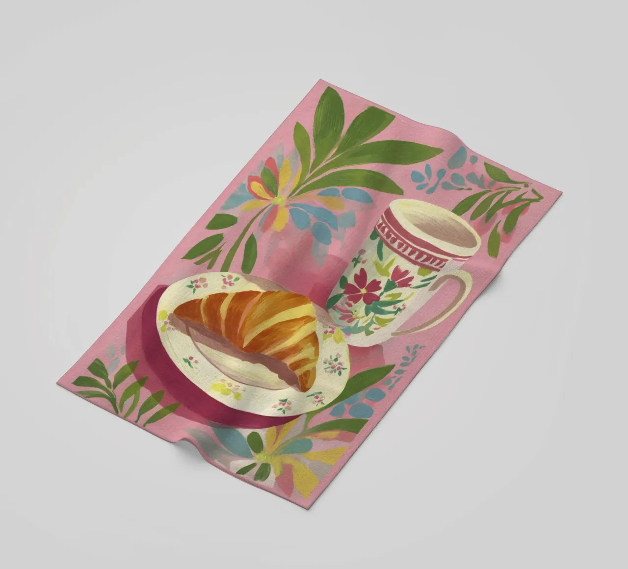 Croissant astratto e coppa floreale stile Matisse su rosa telo mare da Modern Muse