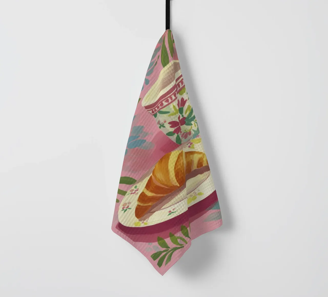 Croissant astratto e coppa floreale stile Matisse su rosa canovaccio da cucina da Modern Muse
