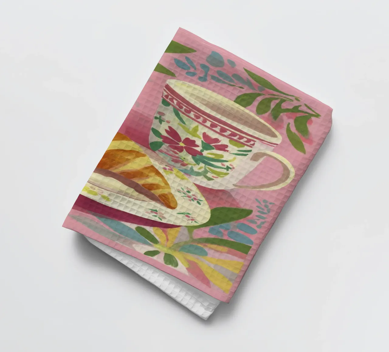 Croissant astratto e coppa floreale stile Matisse su rosa canovaccio da cucina da Modern Muse