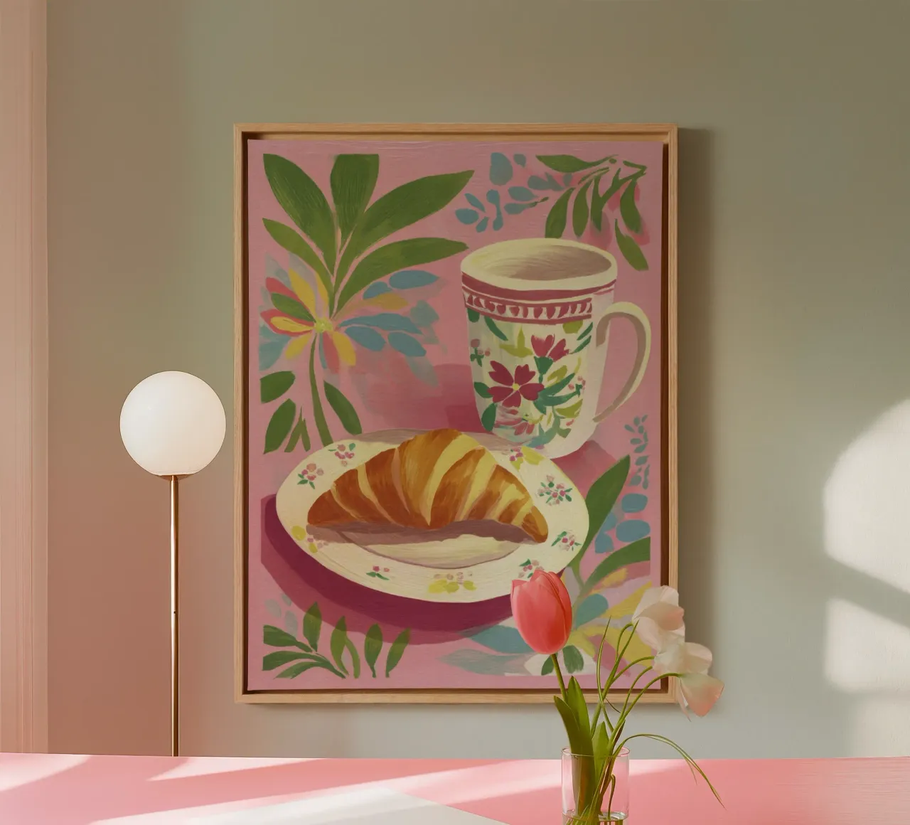 Abstracte croissant en bloemenkop Matisse-stijl op roze canvas met Baklijst van Modern Muse
