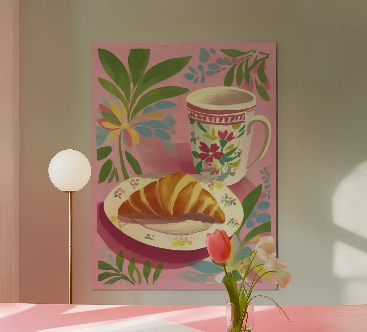 Croissant astratto e coppa floreale stile Matisse su rosa carta hahnemühle da Modern Muse