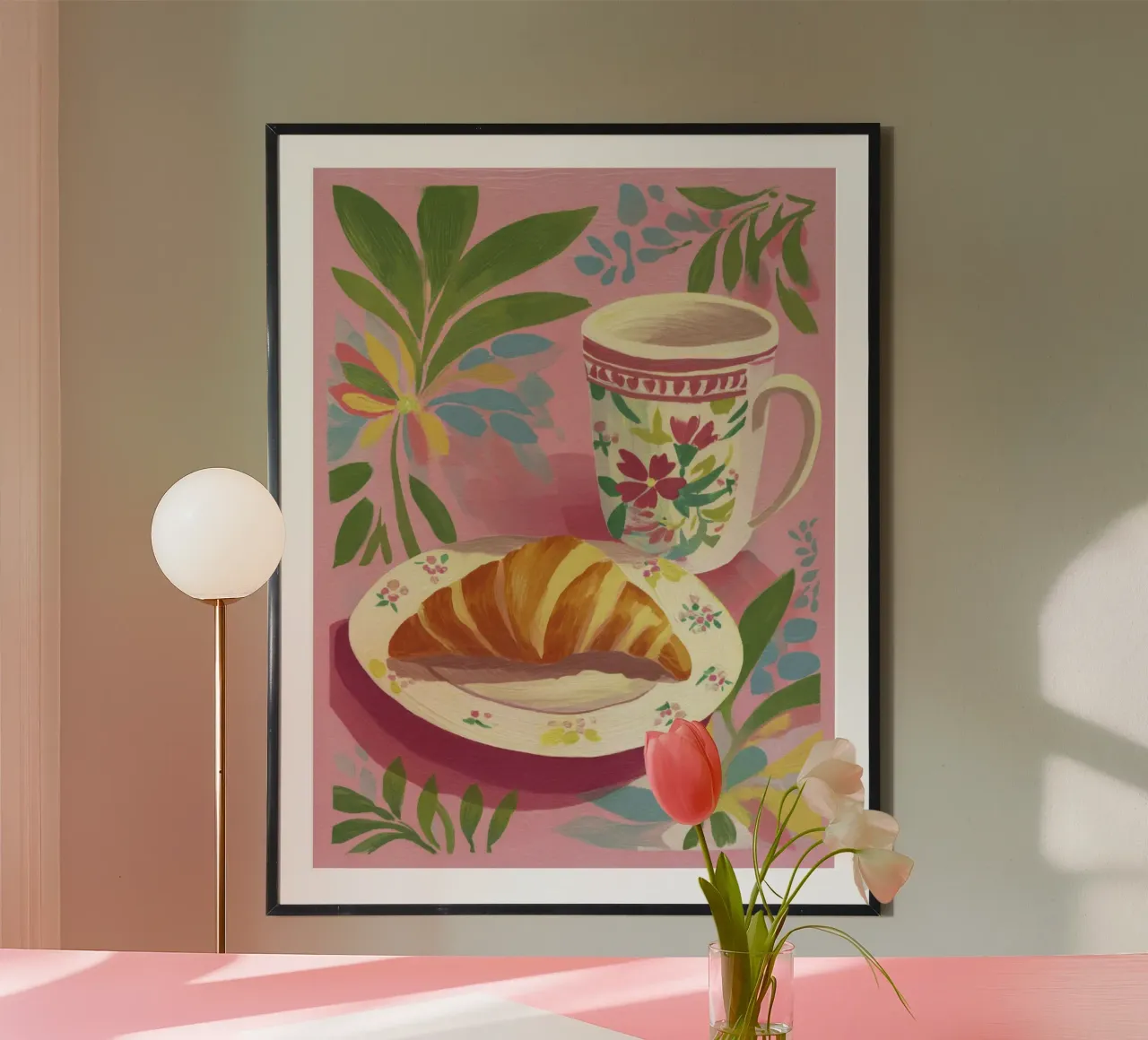 Croissant astratto e coppa floreale stile Matisse su rosa carta hahnemühle da Modern Muse