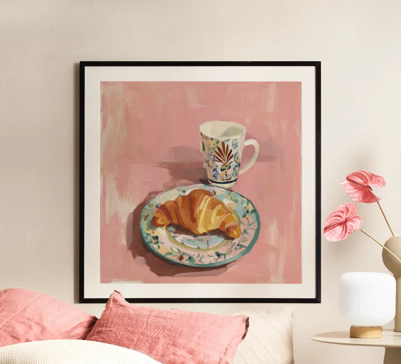 Cup and Croissant with Florals on Blush Grunge Background poster by Modern Muse