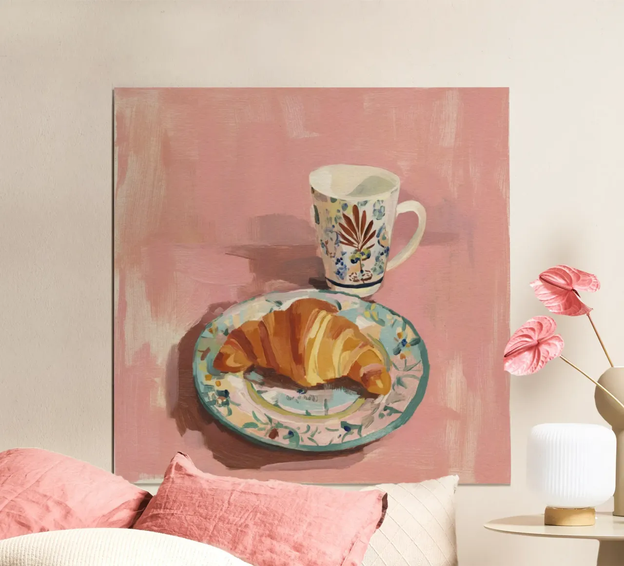 Cup and Croissant with Florals on Blush Grunge Background poster by Modern Muse
