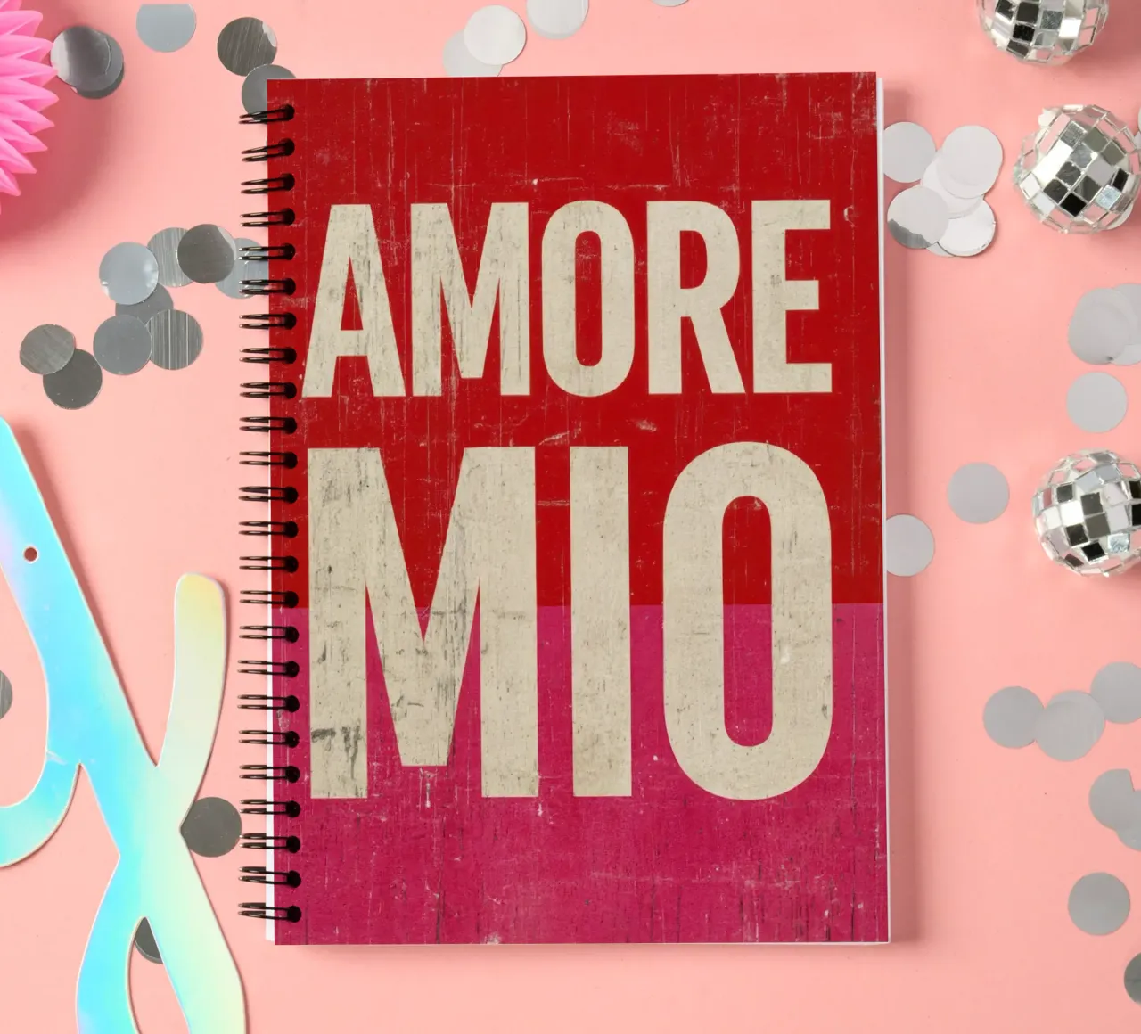 "Amore Mio" Bold Typography on Red and Pink Grunge Vibes spiral notebook by Modern Muse