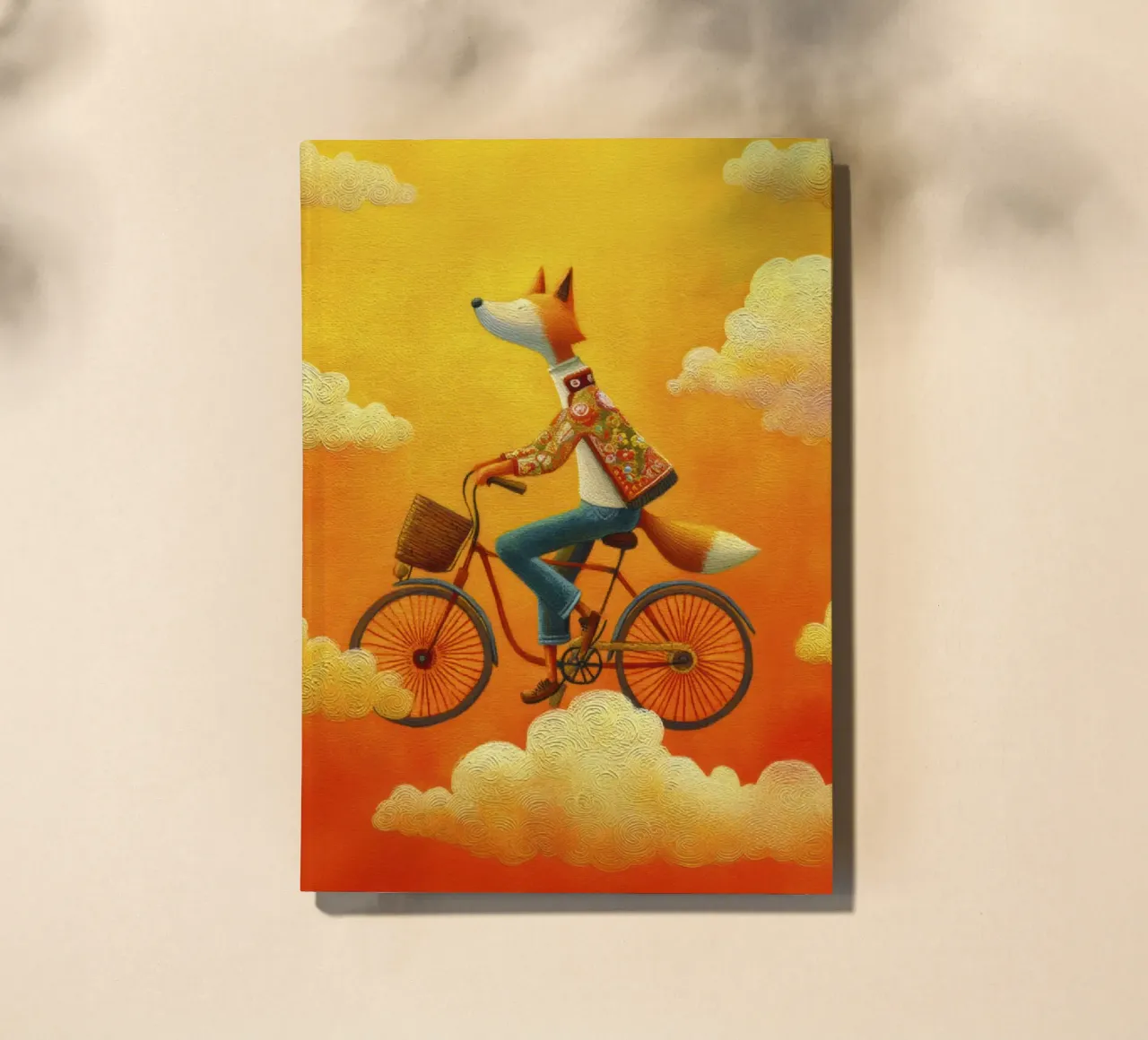 Whimsical Fox on Bike in Colorful Outfit Through Orange Clou notebook by Modern Muse