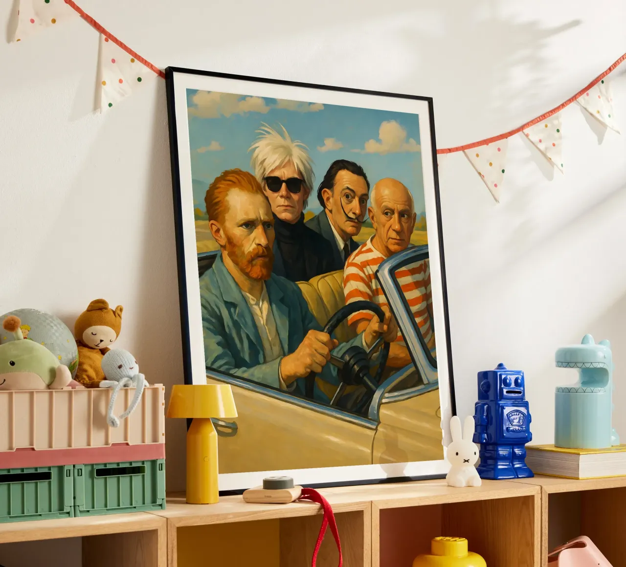 VINCENT VAN GOGH ANDY WARHOL SALVADOR DALI PICASSO IN AUTO poster con telaio in alluminio da ARTOMATIC